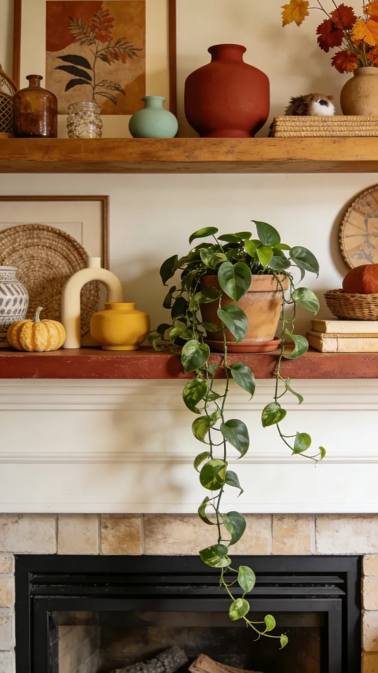 Bring in Plants and Trailing Greenery - boho fall mantel decor idea