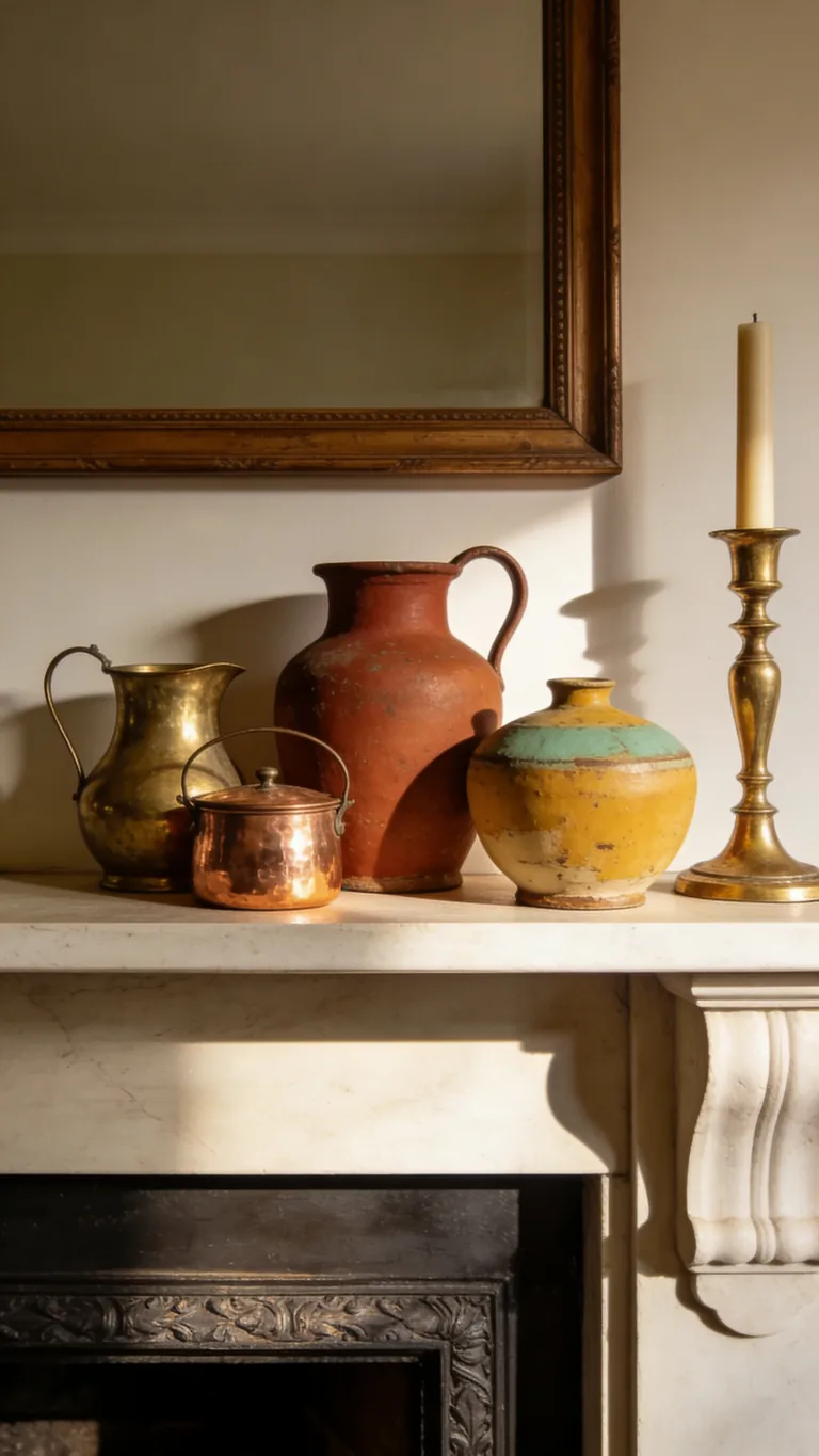 Add Brass and Warm Metals - boho fall mantel decor idea