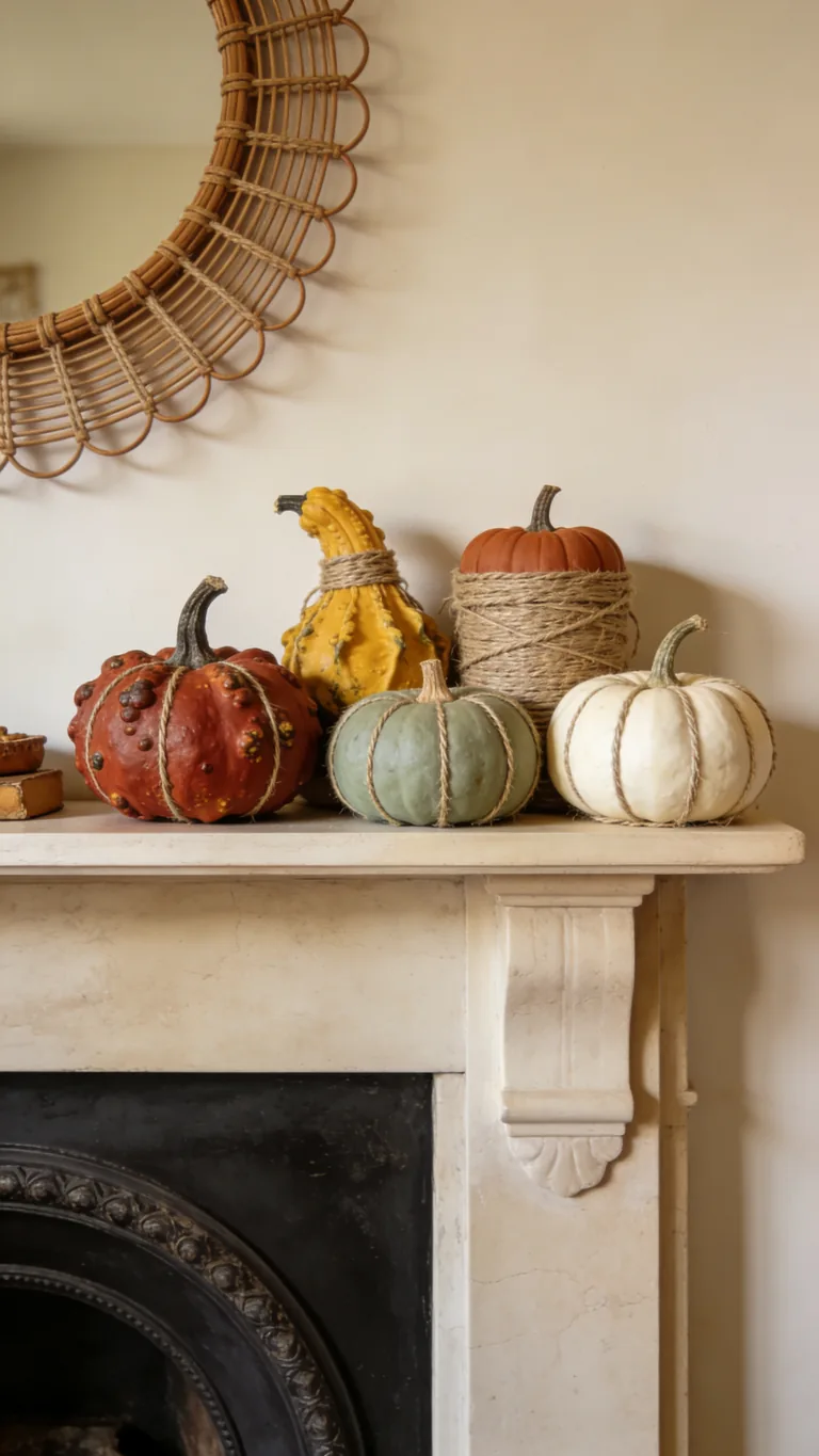 Layer in Boho Pumpkins - boho fall mantel decor idea