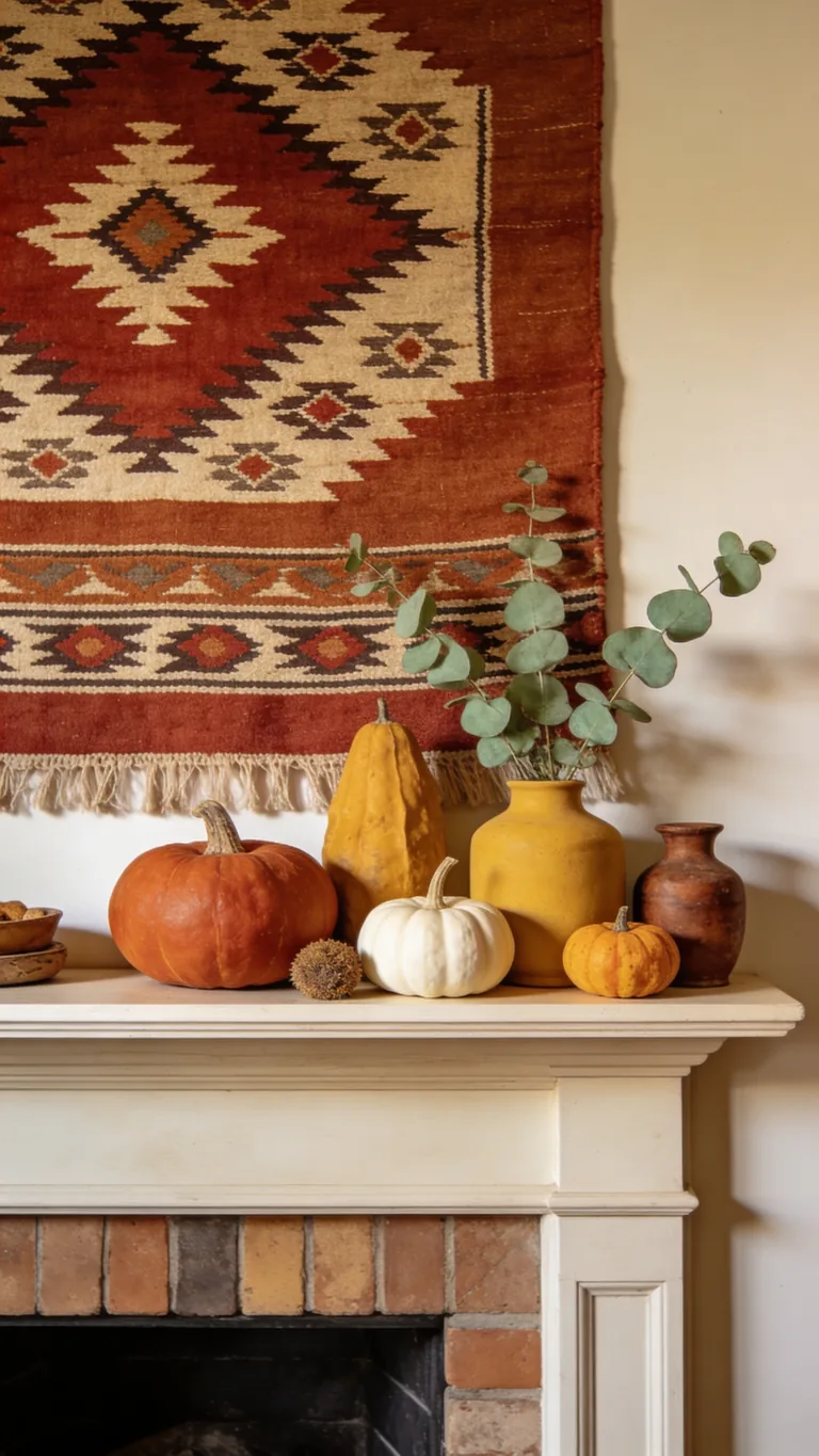 Add a Patterned Textile Backdrop - boho fall mantel decor idea