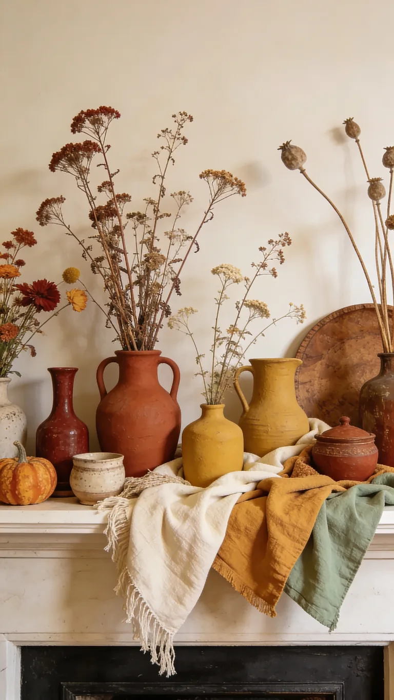 Embrace Asymmetry and Abundance - boho fall mantel decor idea