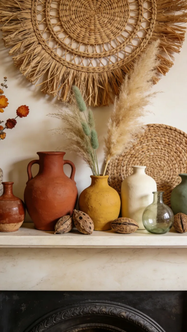 Mix Natural Textures - boho fall mantel decor idea