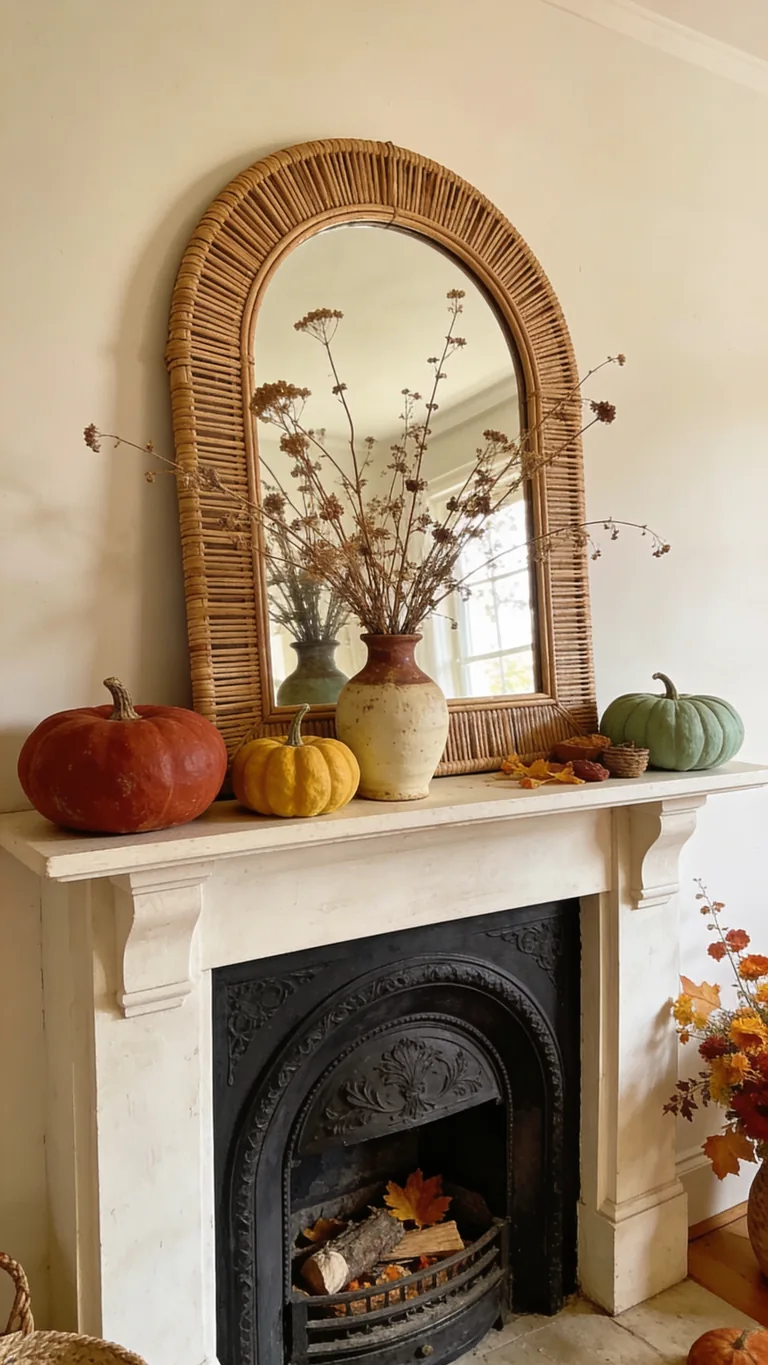 Add a Rattan or Arched Mirror - boho fall mantel decor idea