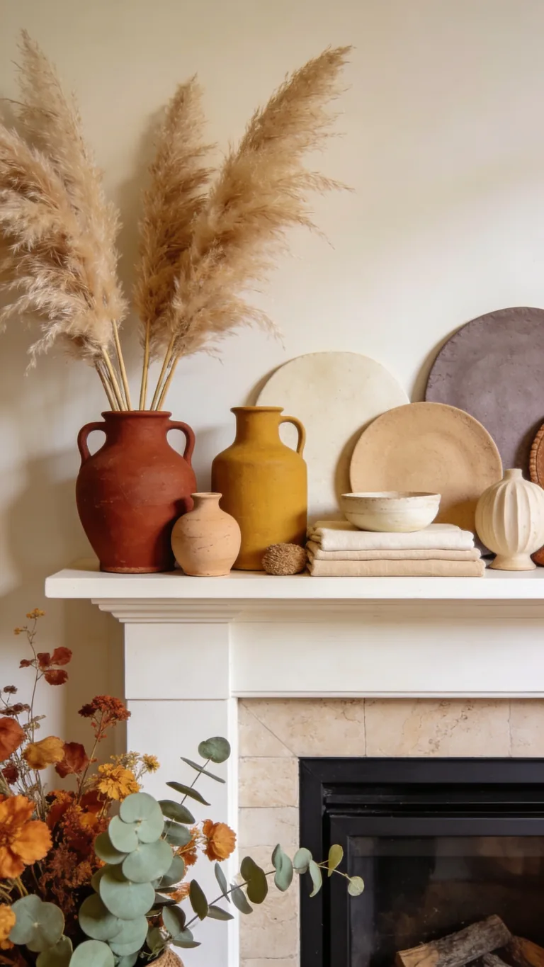Layer Tonal Earthy Neutrals - boho fall mantel decor idea