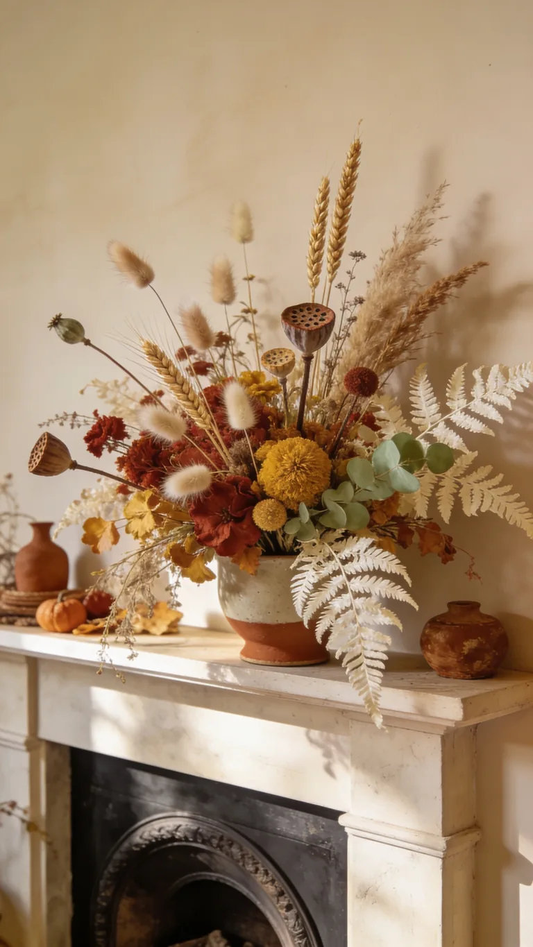 Layer Eclectic Dried Stems - boho fall mantel decor idea