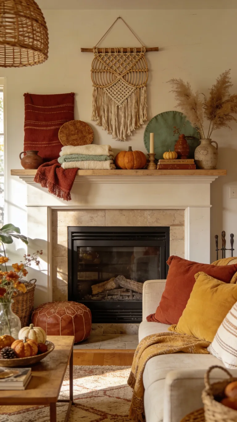 Echo Your Boho Living Room - boho fall mantel decor idea