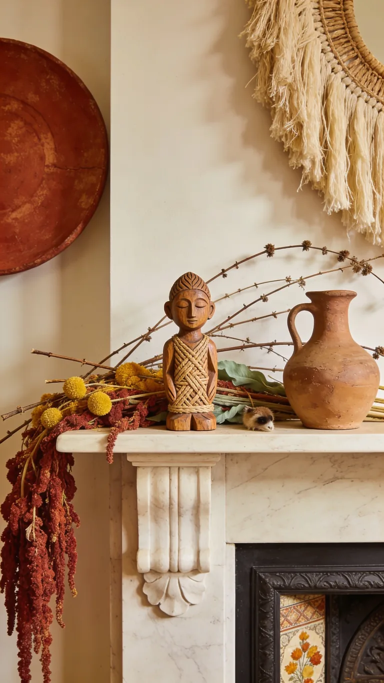 Finish With a Collected, Meaningful Piece - boho fall mantel decor idea