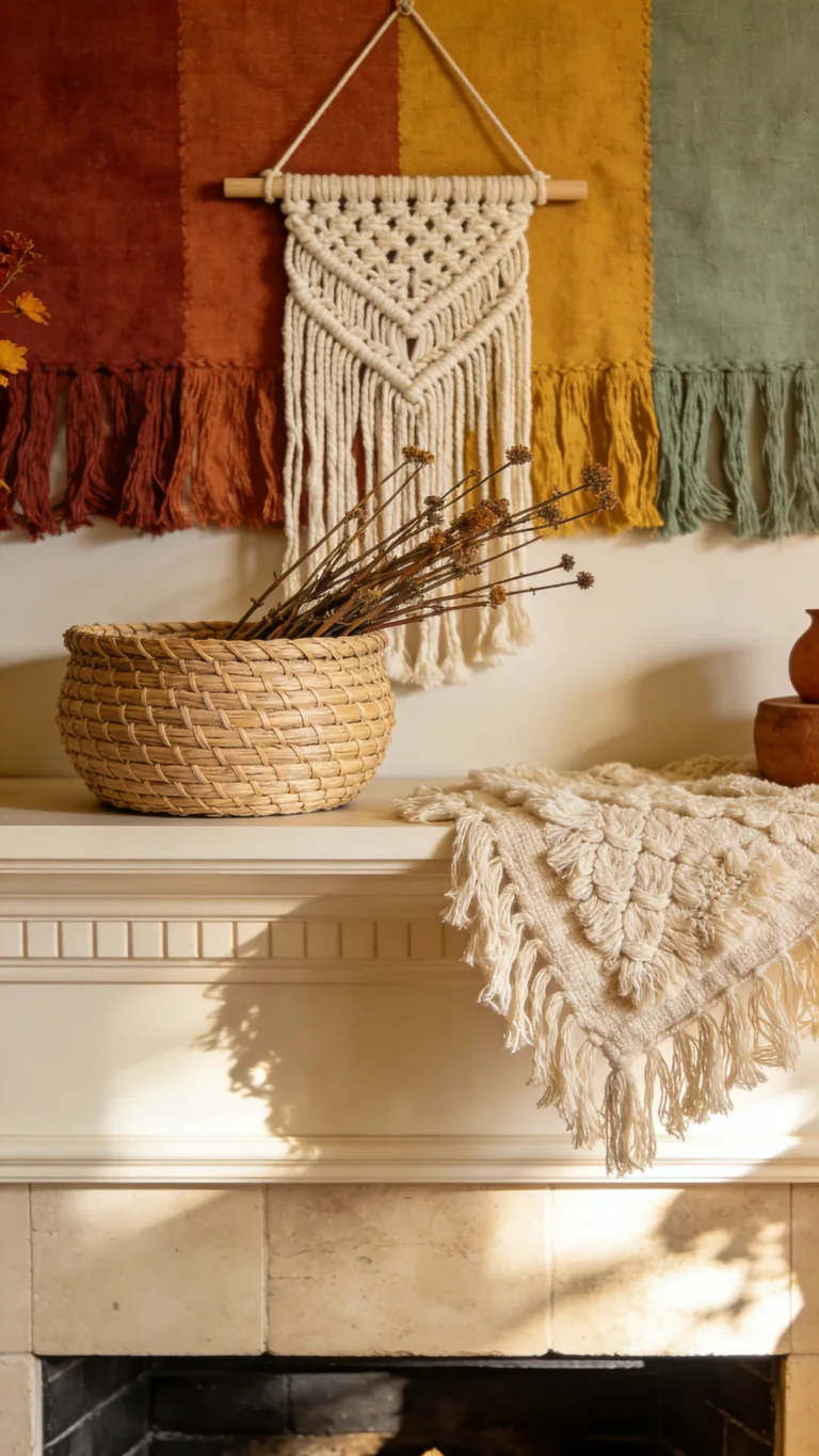 Add Woven and MacramΓ© Texture - boho fall mantel decor idea