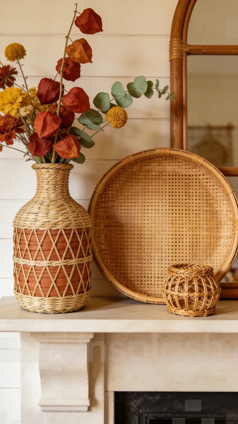 Use Rattan and Cane - boho fall mantel decor idea