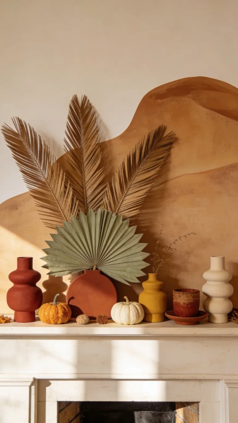 Add Dried Palm or Fan Leaves - boho fall mantel decor idea