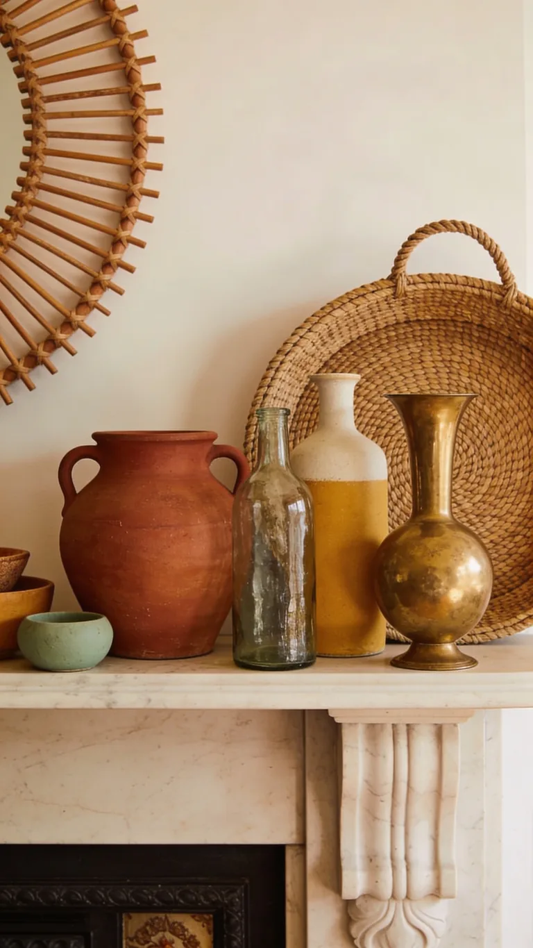 Use Eclectic, Mismatched Vessels - boho fall mantel decor idea