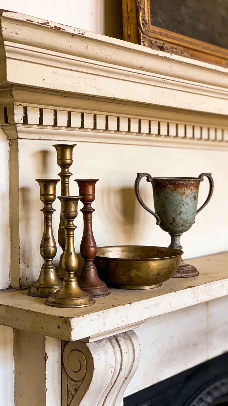 Start With Aged Brass - vintage fall mantel decor idea