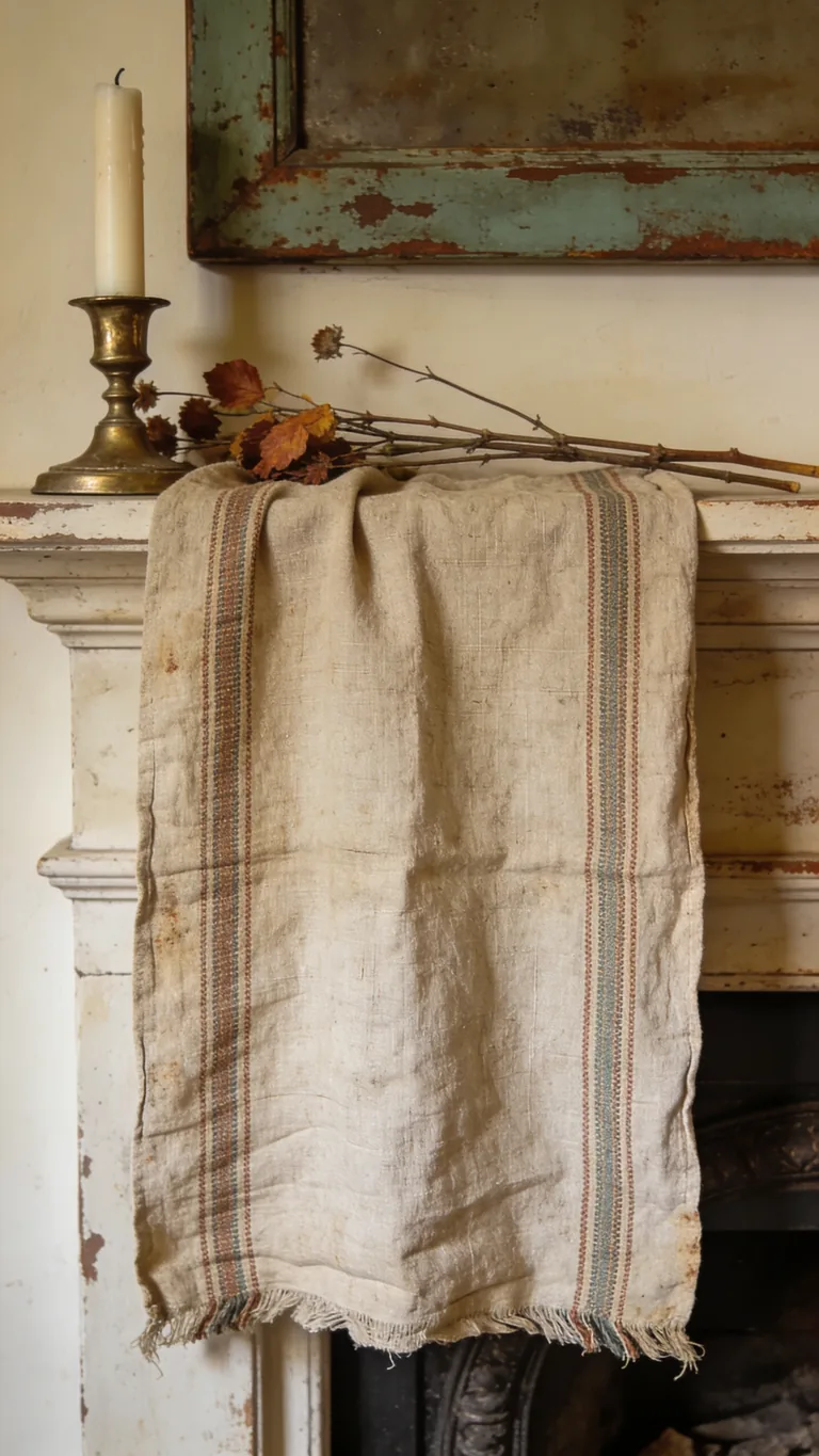 Layer Vintage Textiles - vintage fall mantel decor idea