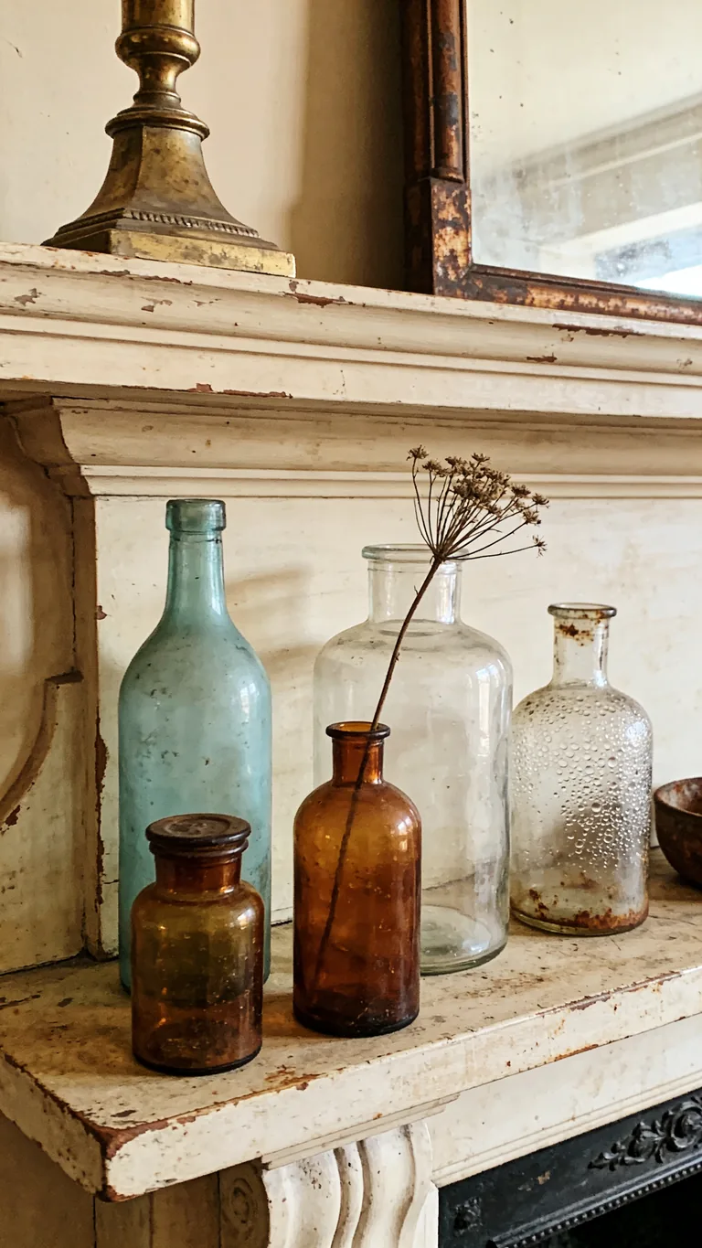 Add Old Bottles and Apothecary Jars - vintage fall mantel decor idea