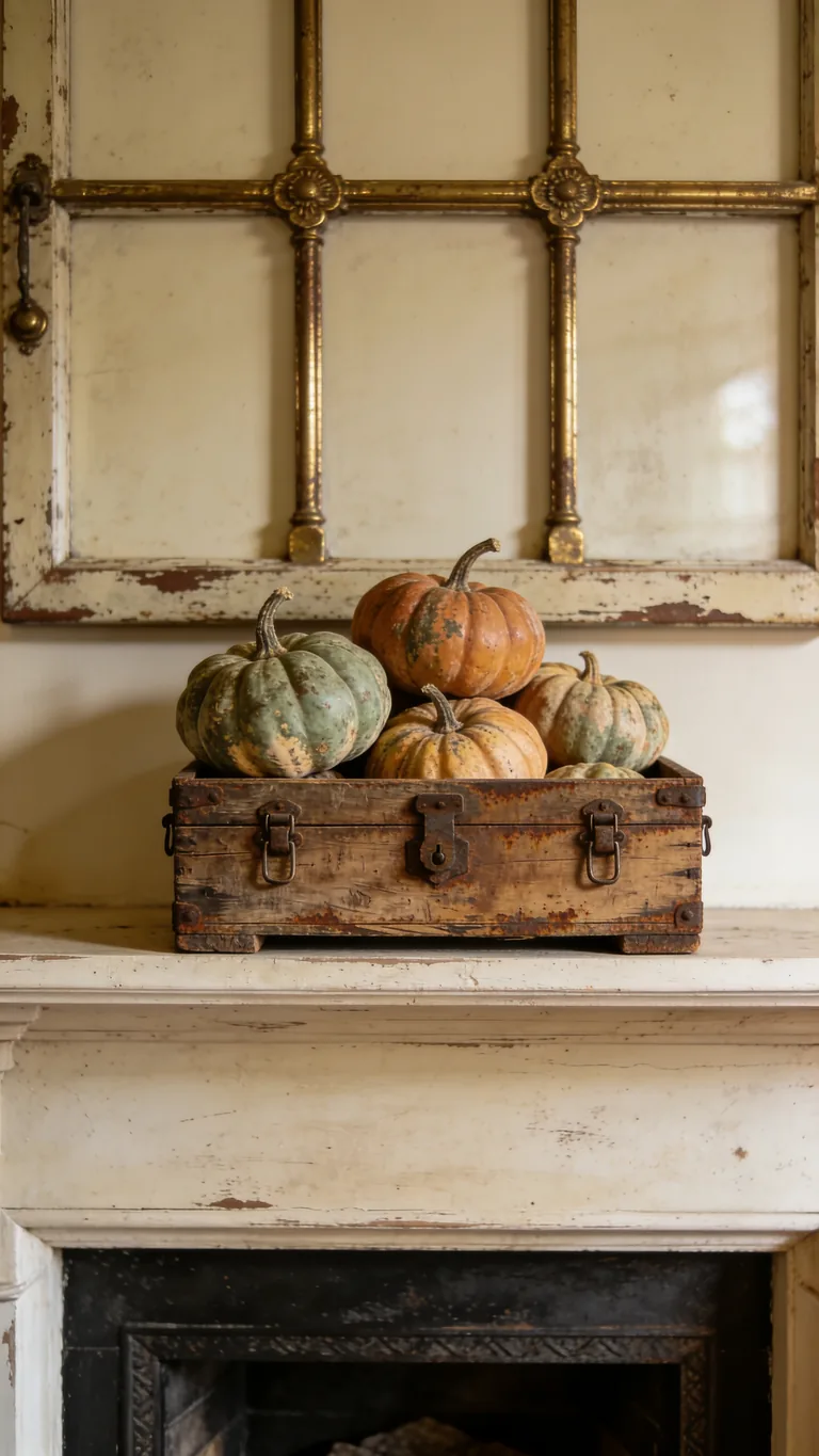 Include a Wooden Box or Crate - vintage fall mantel decor idea