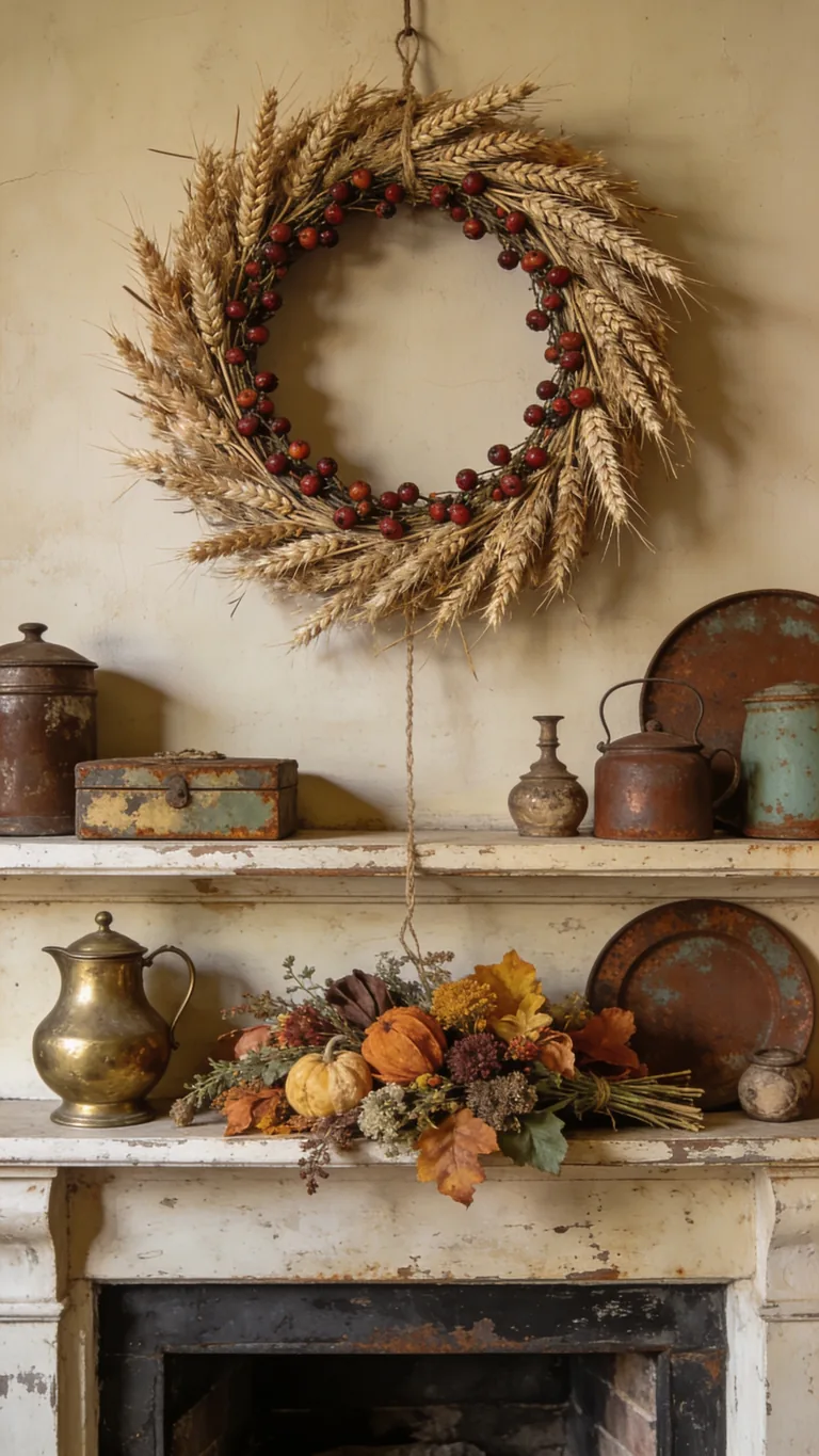Hang a Vintage Wreath or Sign - vintage fall mantel decor idea