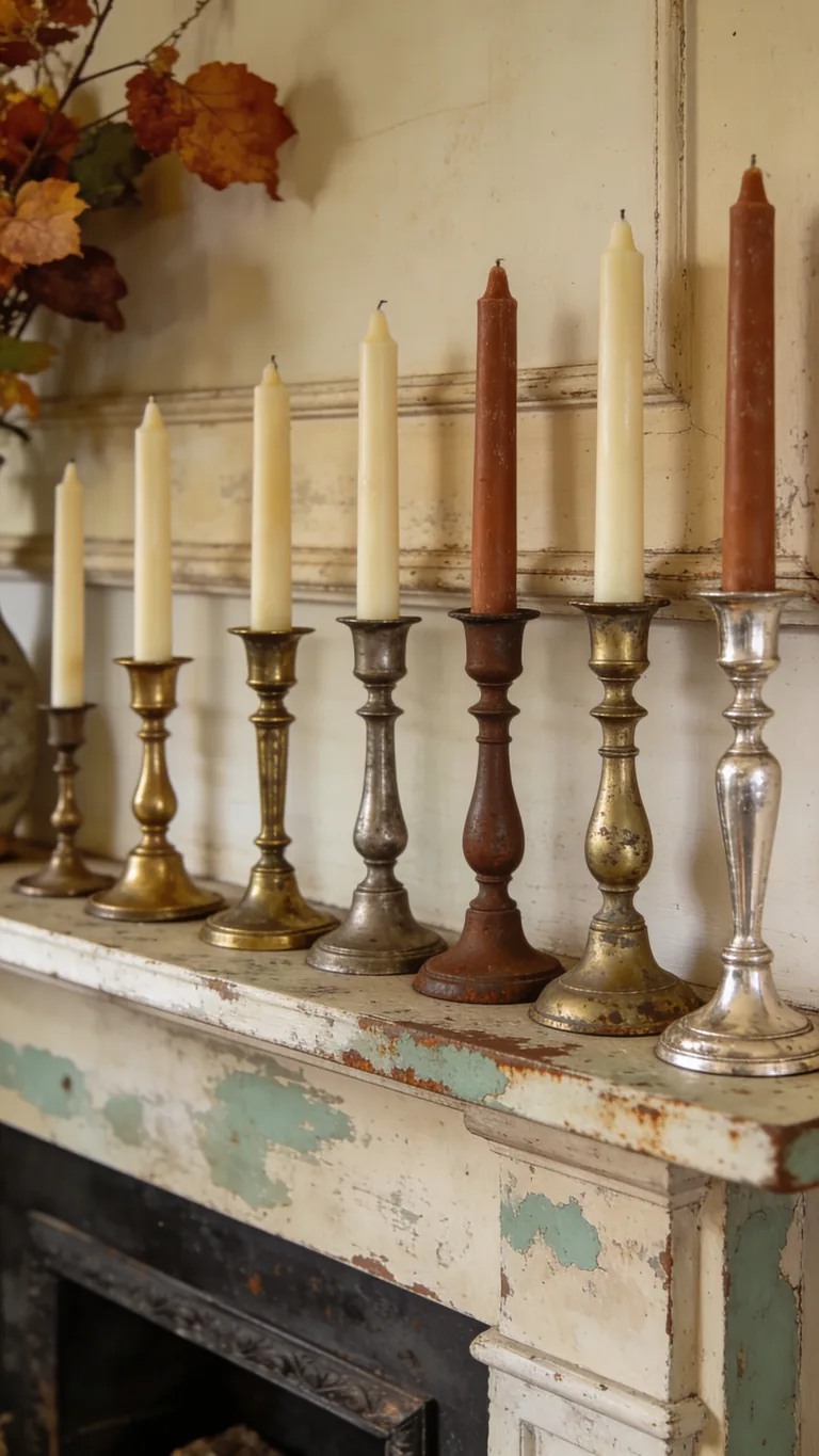 Use Candlesticks at Varied Heights - vintage fall mantel decor idea