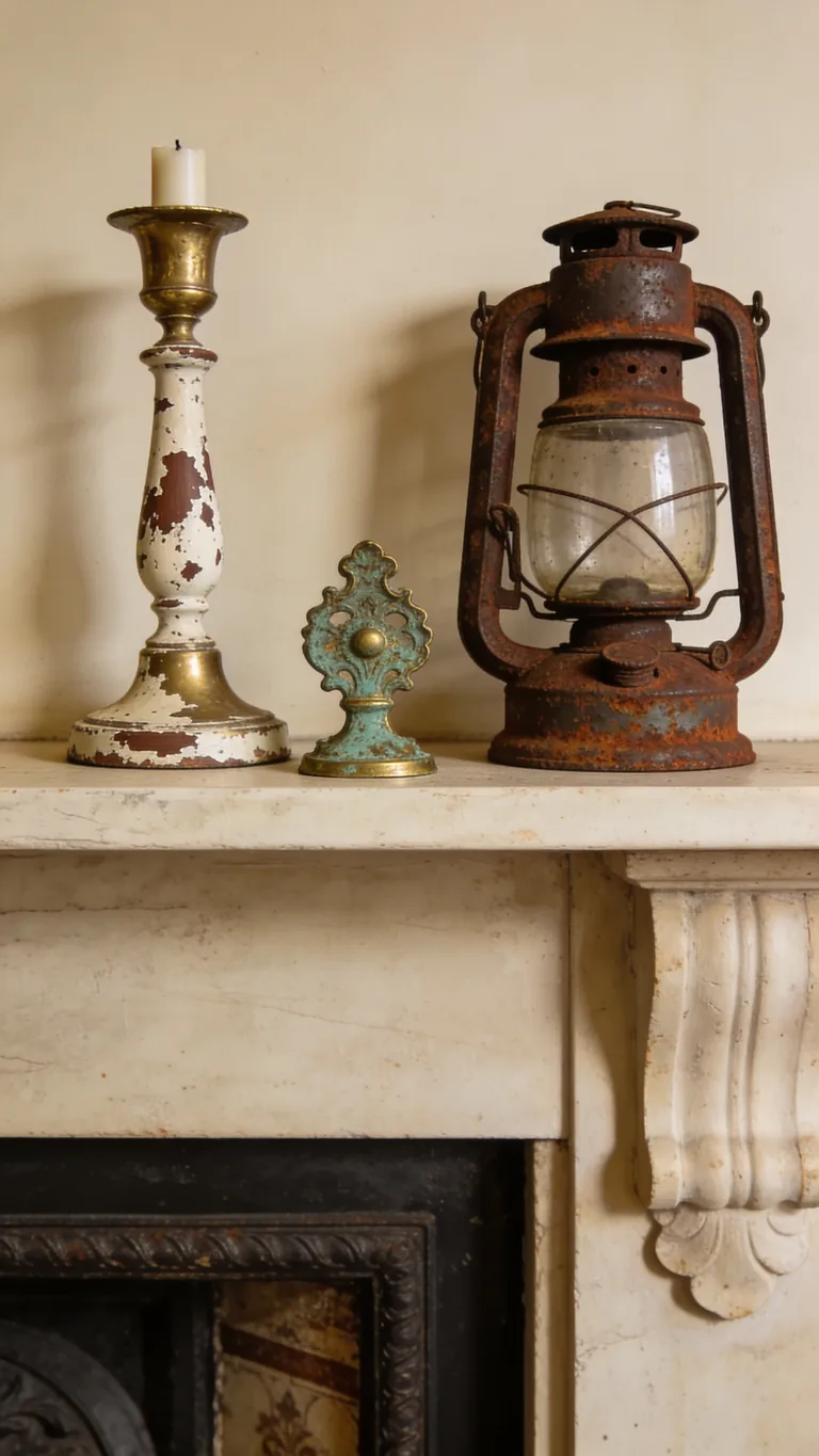 Show Off a Patina Finish - vintage fall mantel decor idea