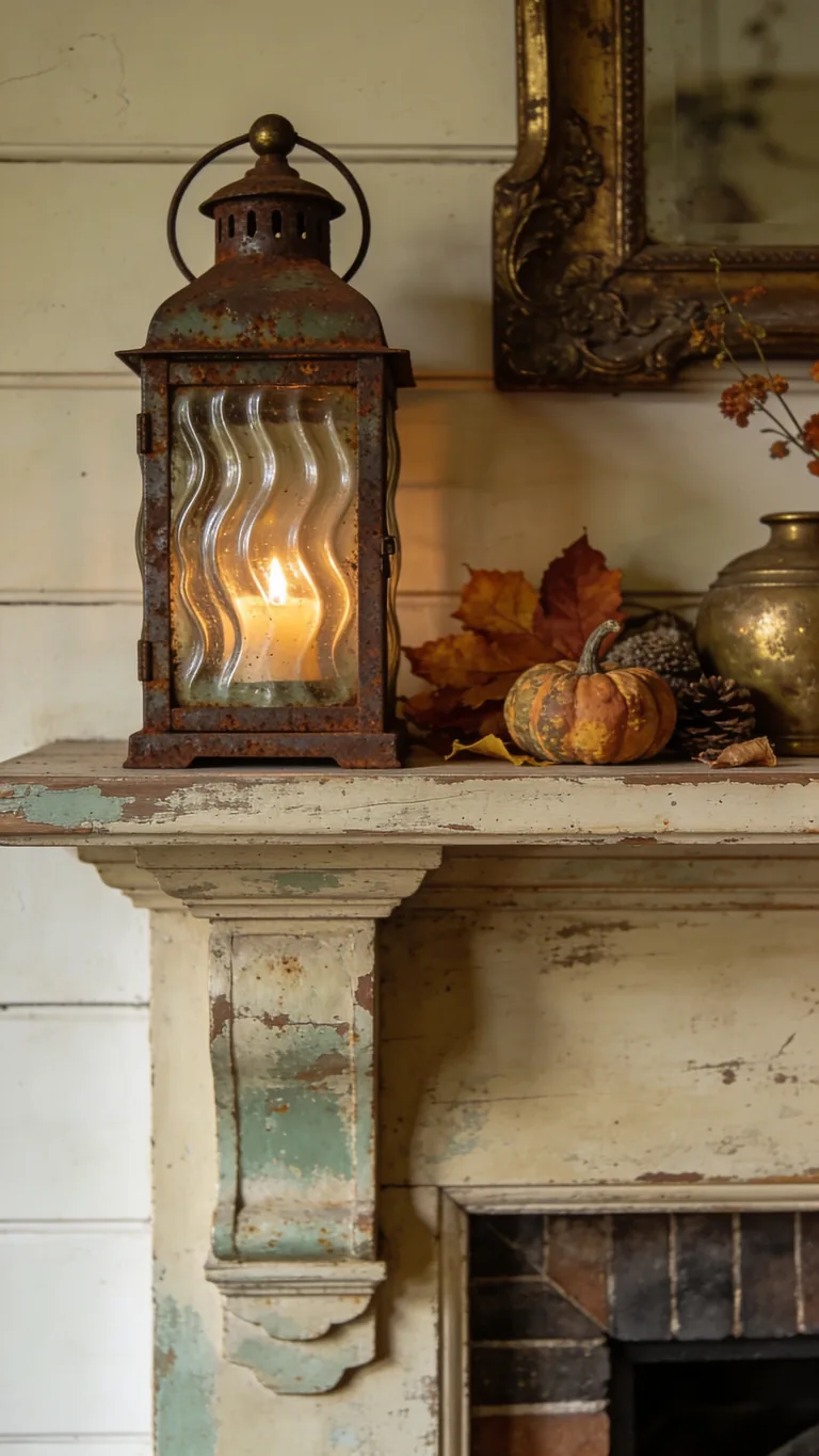 Layer in an Old Lantern - vintage fall mantel decor idea