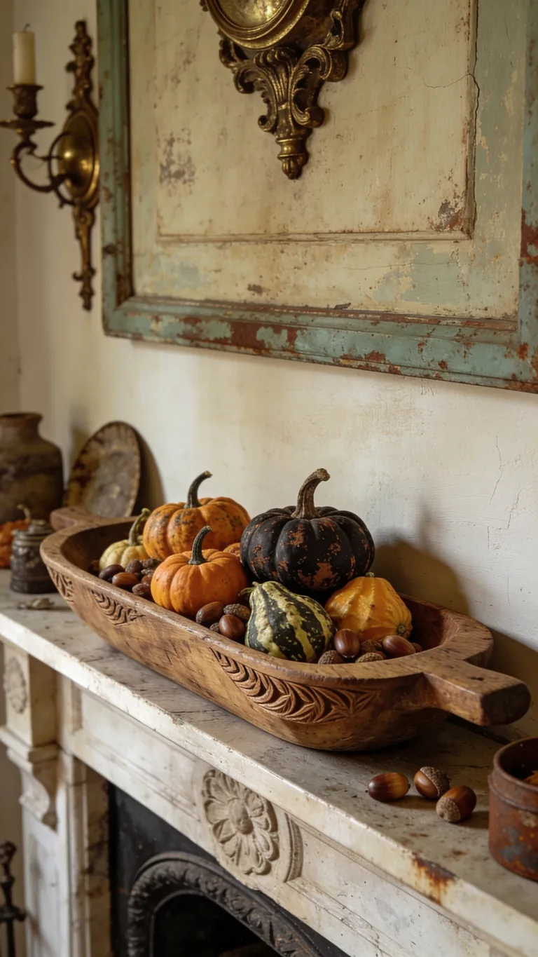 Use a Dough Bowl or Trencher - vintage fall mantel decor idea