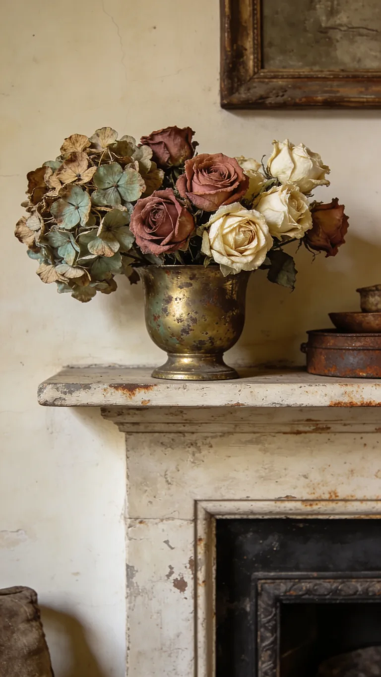 Add Faded Florals - vintage fall mantel decor idea