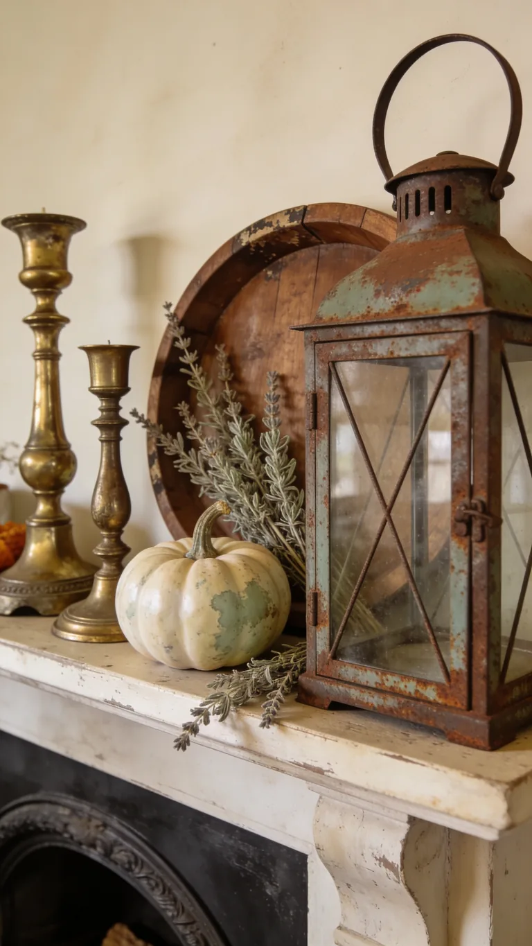Keep a Muted, Aged Palette - vintage fall mantel decor idea
