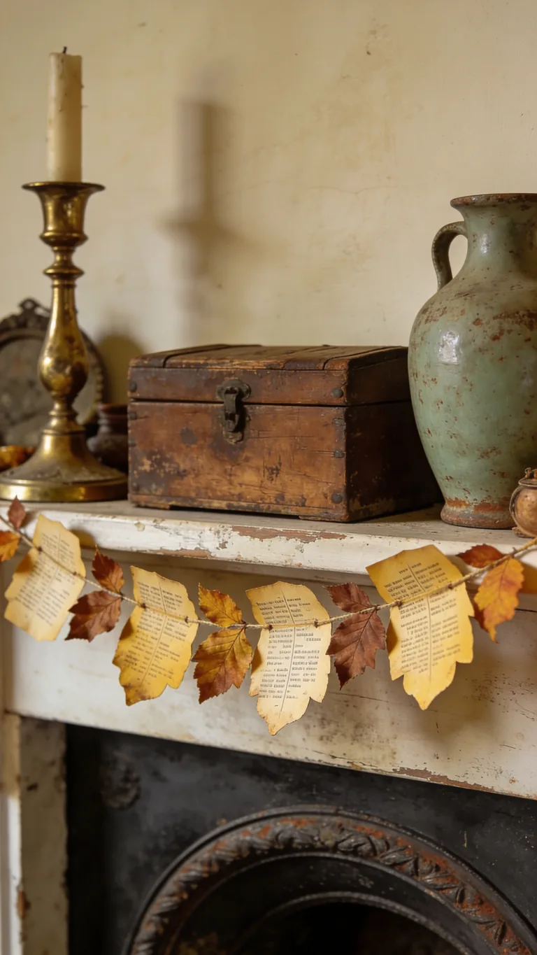 Add an Old Book Page Banner - vintage fall mantel decor idea