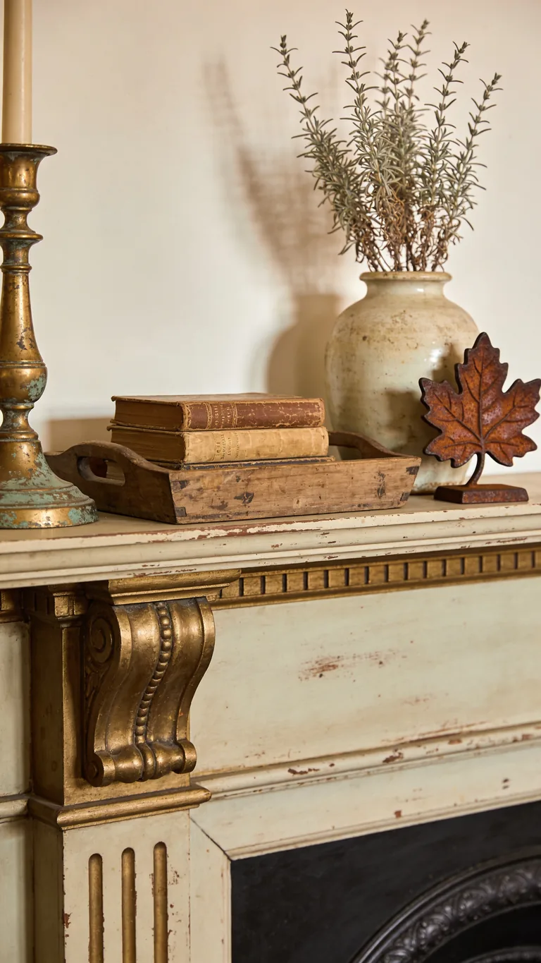 Echo Your Vintage Living Room - vintage fall mantel decor idea