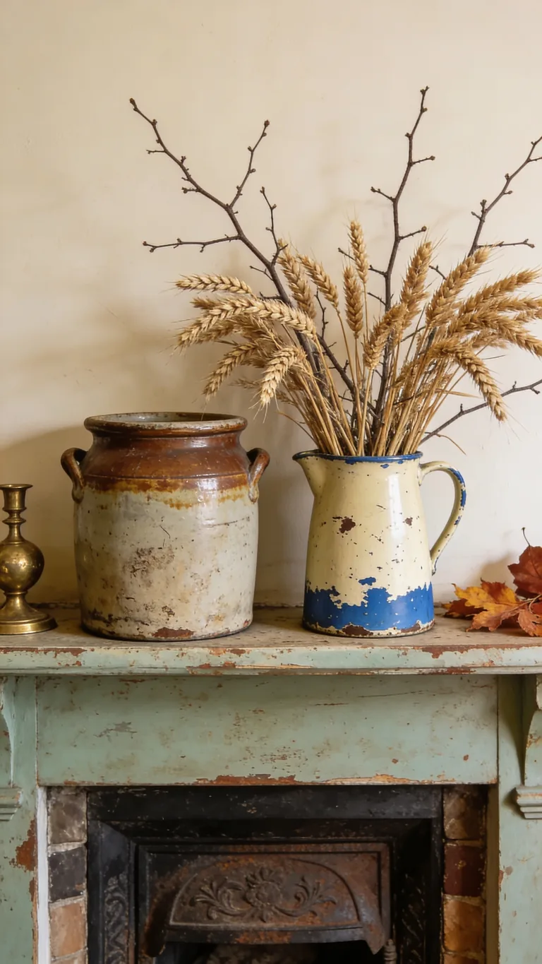Add a Weathered Crock or Jug - vintage fall mantel decor idea