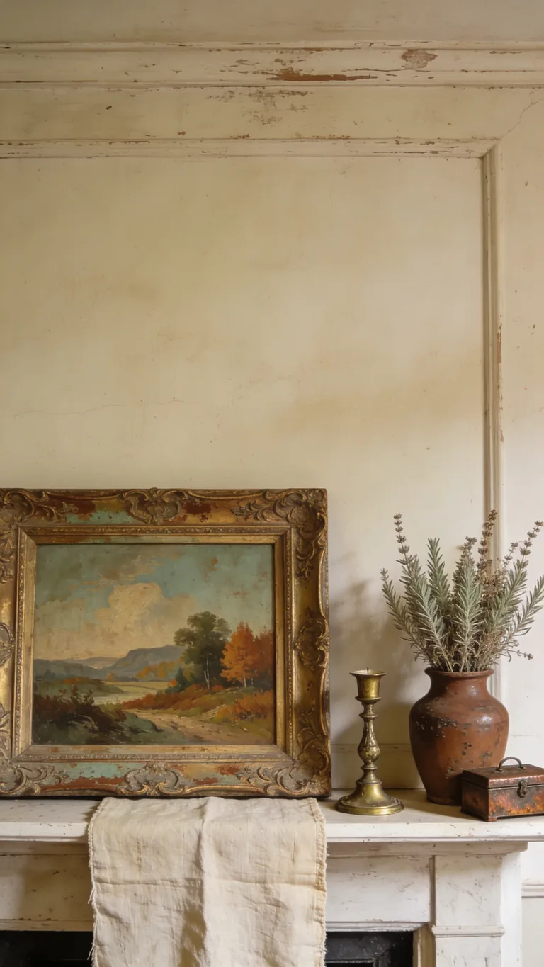 Lean an Old Framed Print - vintage fall mantel decor idea