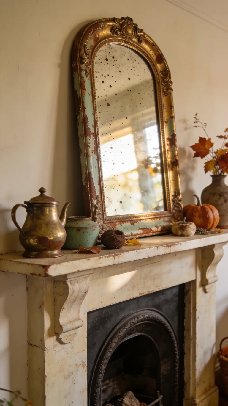 Use an Antique Mirror - vintage fall mantel decor idea