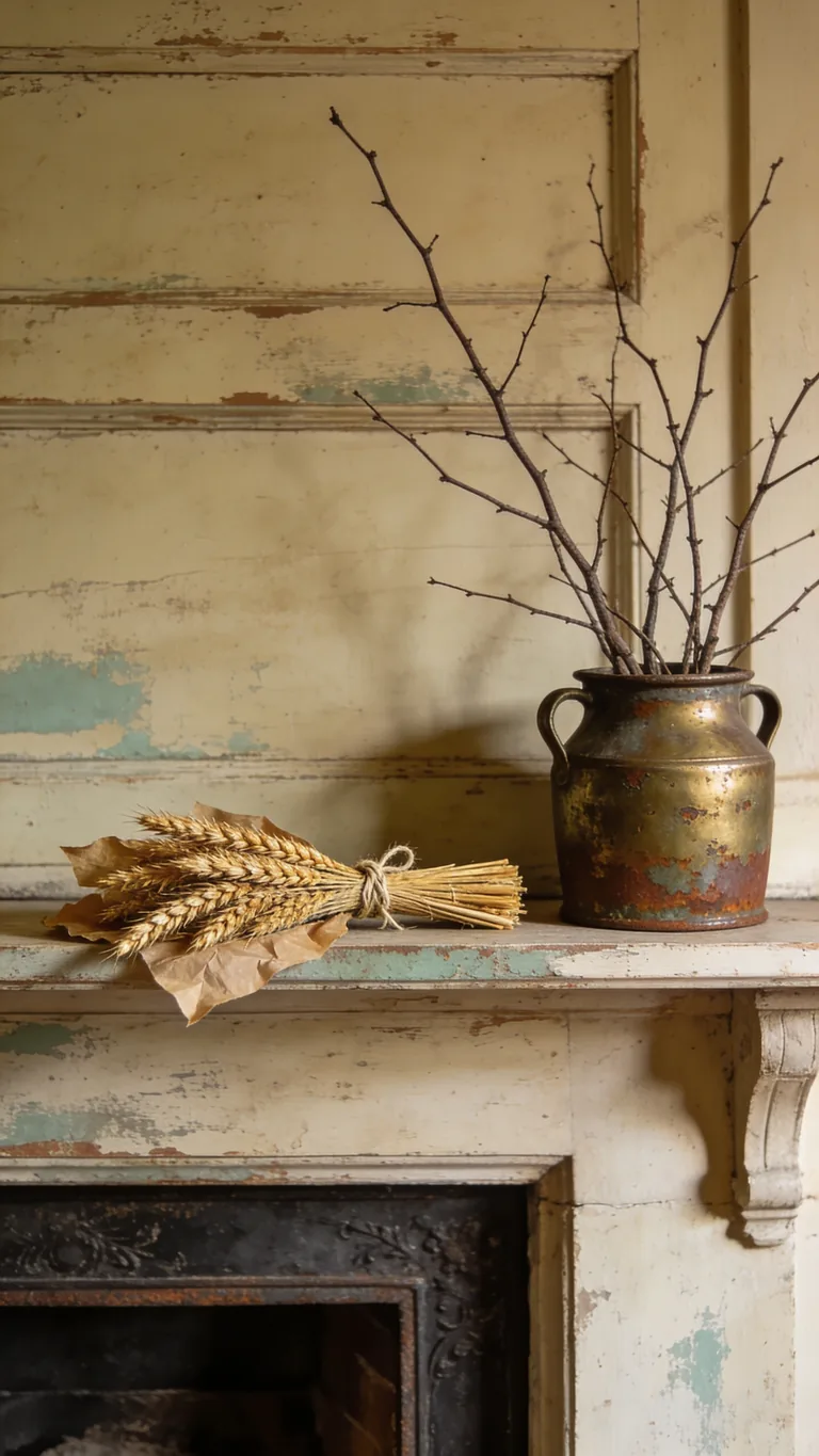 Display Dried Wheat and Branches - vintage fall mantel decor idea