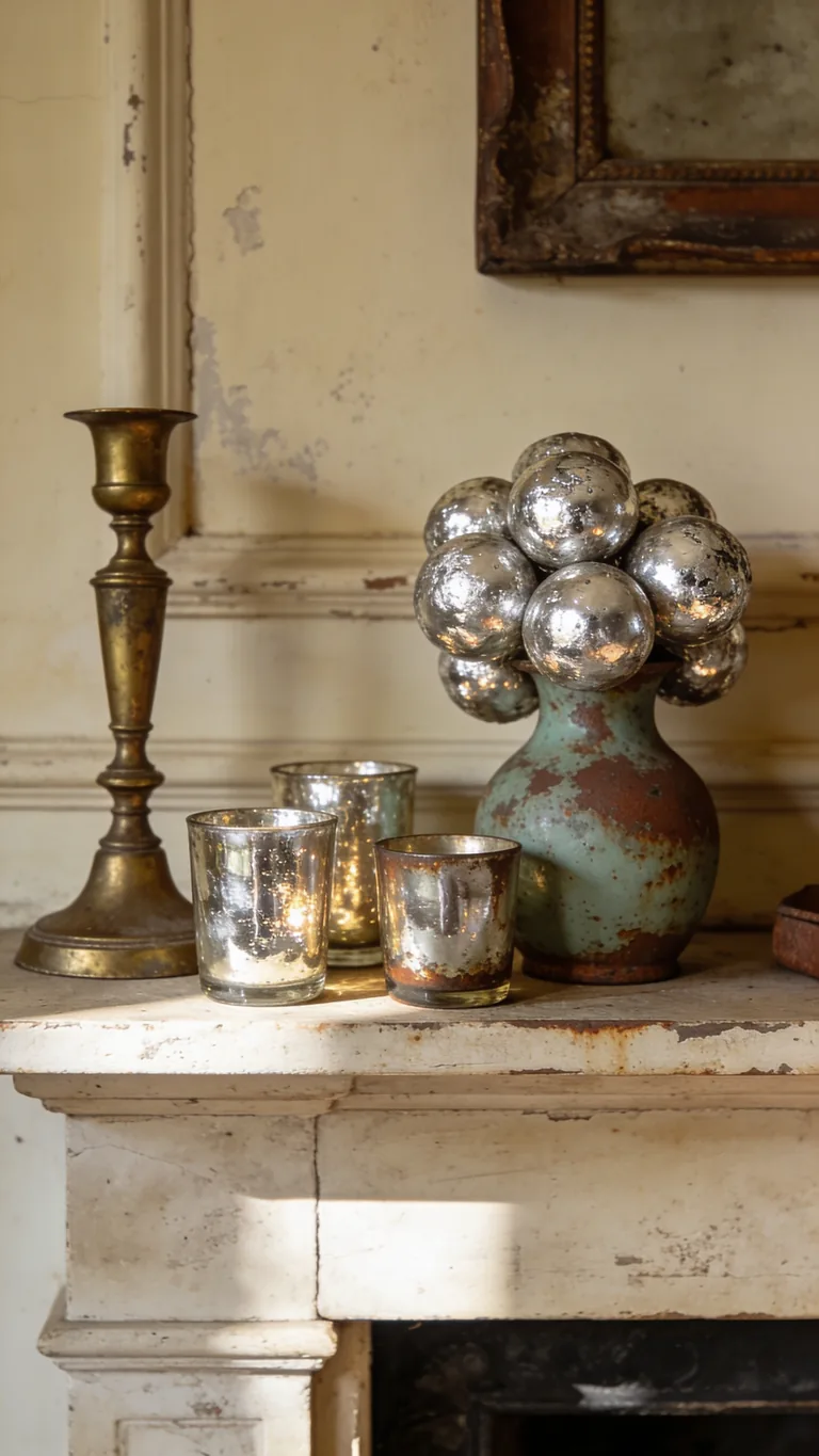 Use Mercury Glass - vintage fall mantel decor idea
