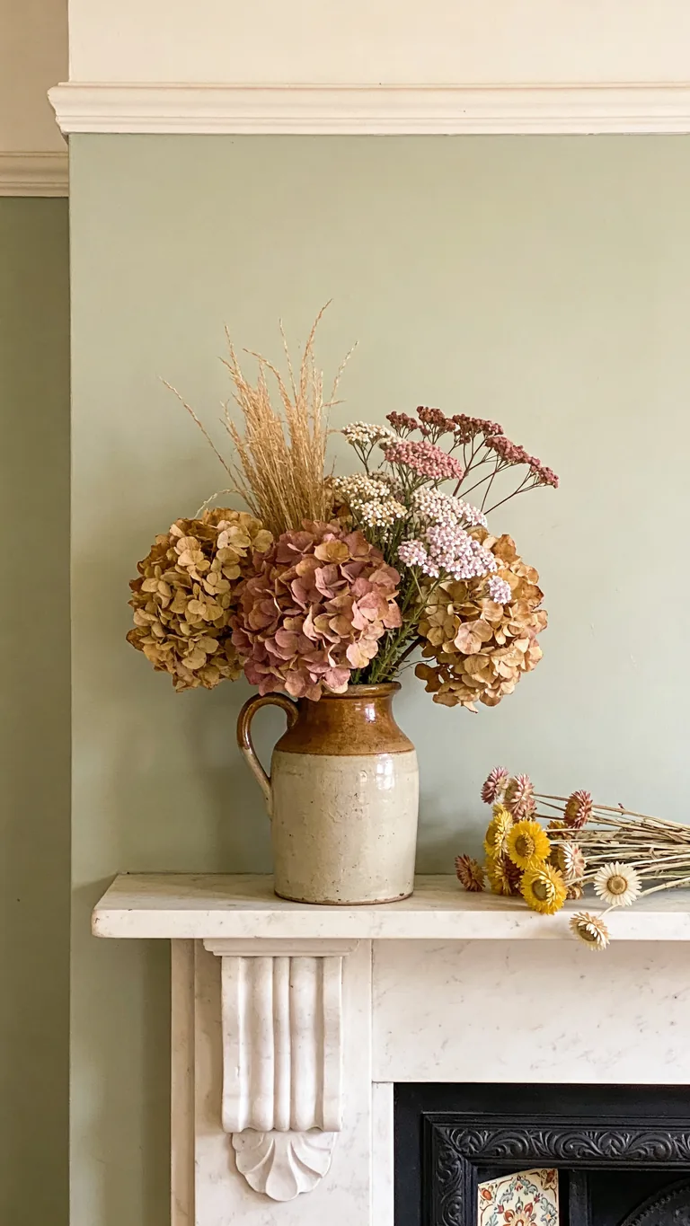 Start With Dried Flowers - cottagecore fall mantel decor idea