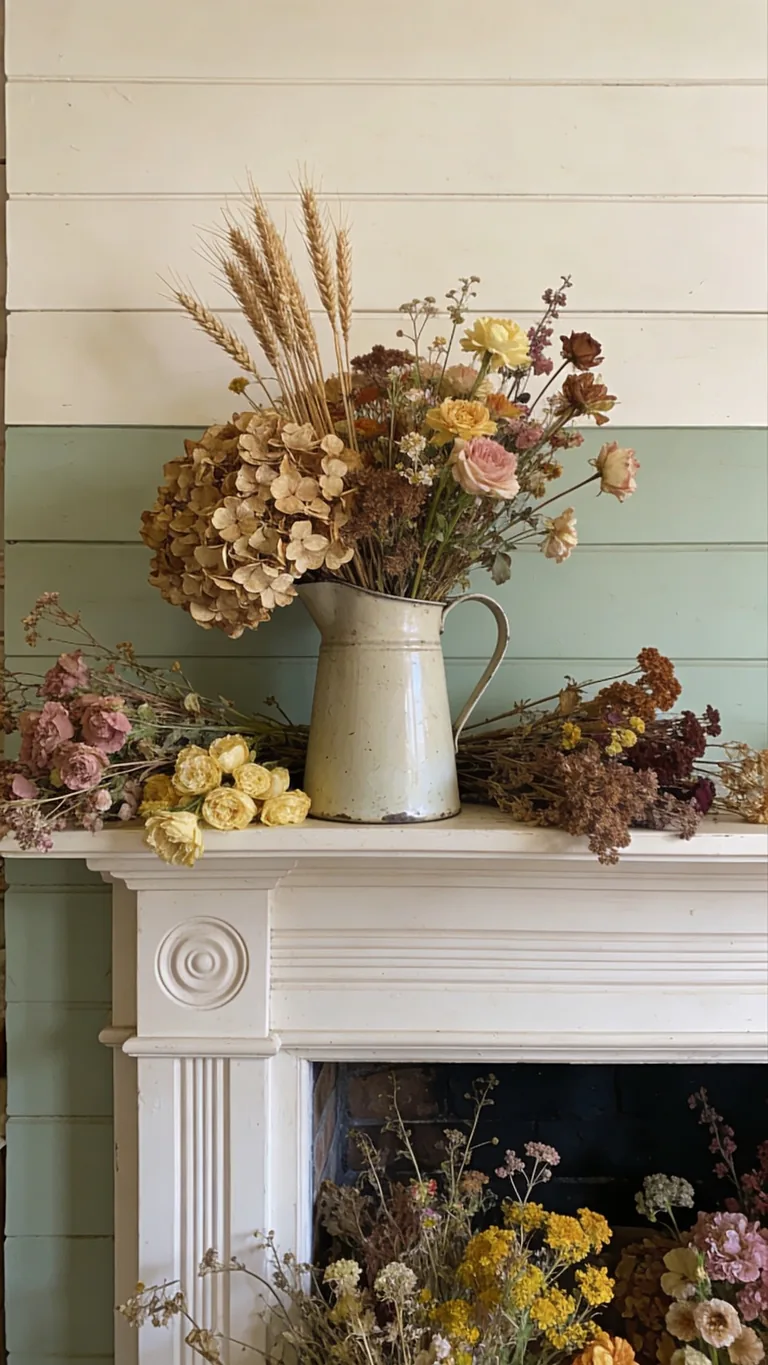 Fill a Vintage Pitcher With Blooms - cottagecore fall mantel decor idea