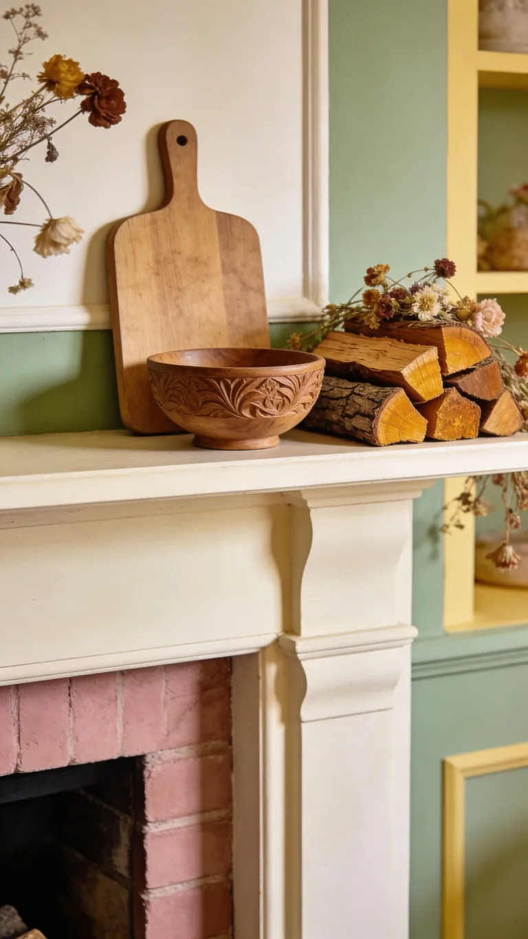 Layer in Warm Wood Tones - cottagecore fall mantel decor idea