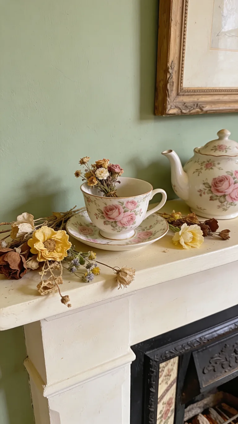Use a Floral Teacup or Teapot - cottagecore fall mantel decor idea