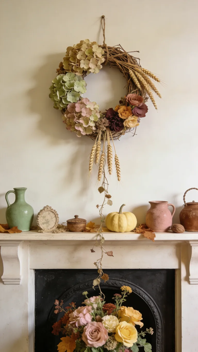 Hang a Dried Flower Wreath - cottagecore fall mantel decor idea