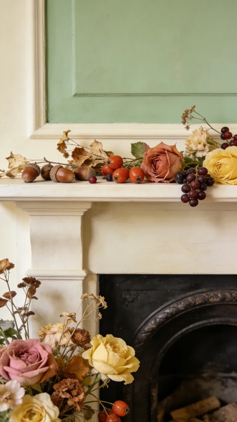 Scatter Some Acorns and Berries - cottagecore fall mantel decor idea