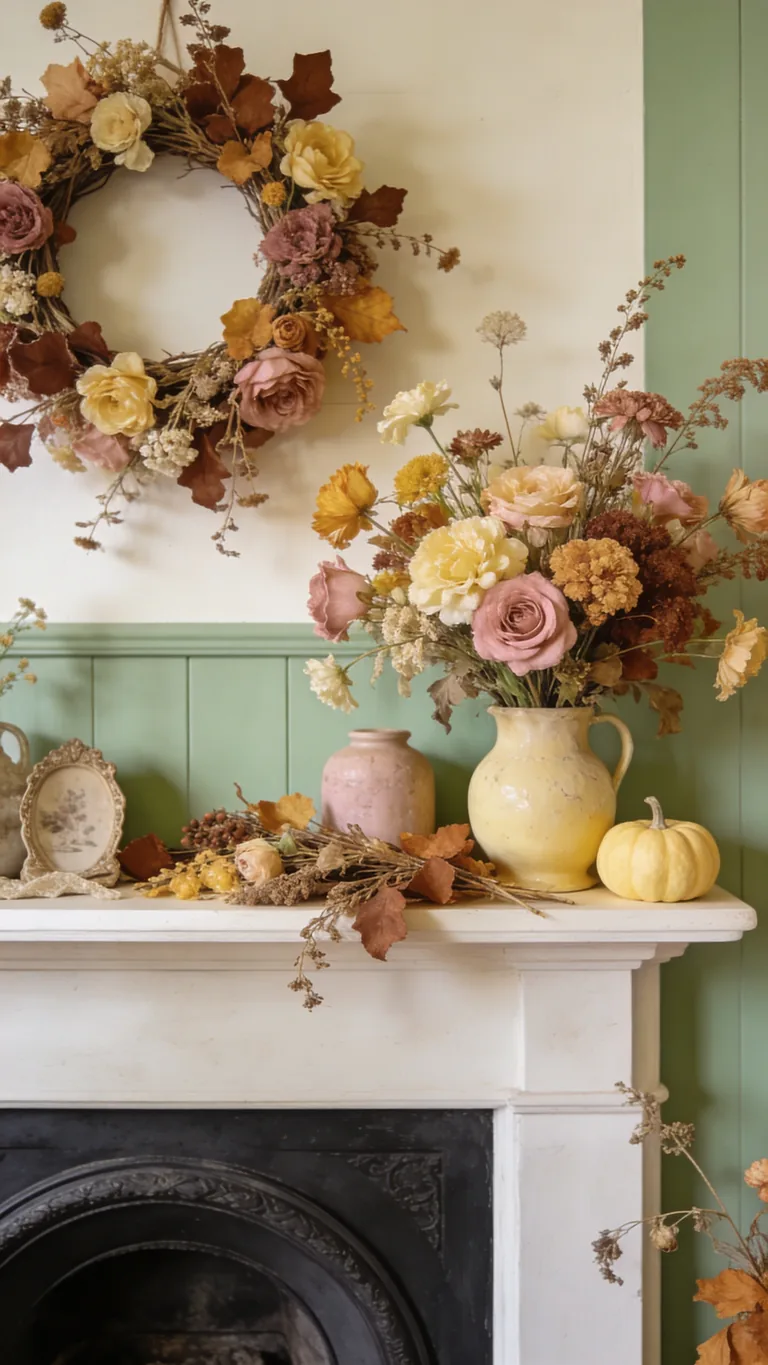 Keep a Soft, Romantic Palette - cottagecore fall mantel decor idea
