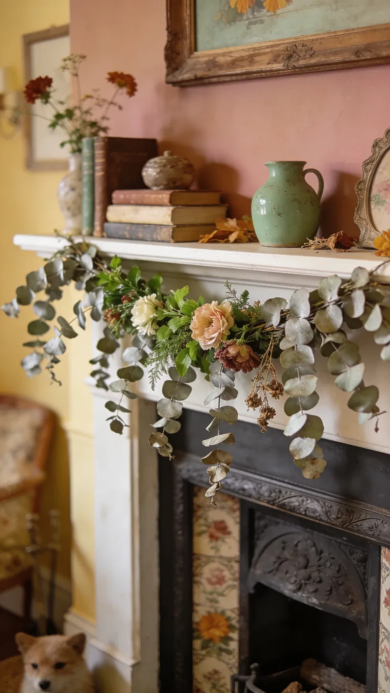 Add Trailing Eucalyptus - cottagecore fall mantel decor idea