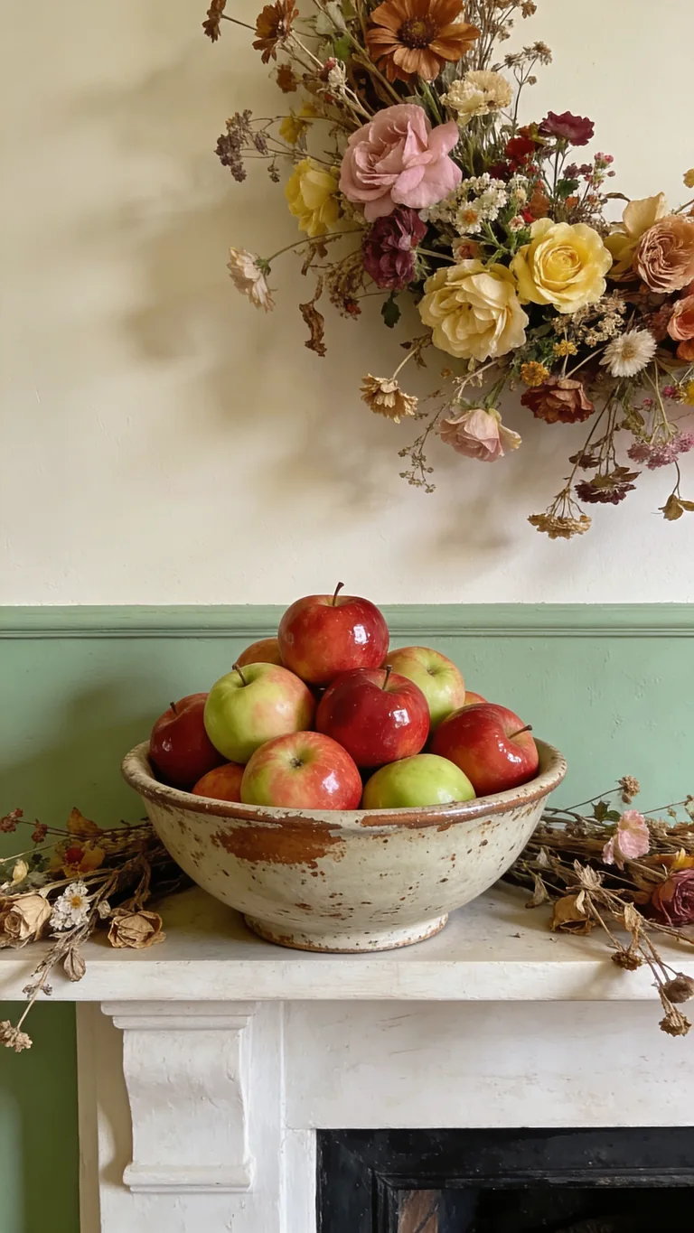 Use a Bowl of Apples - cottagecore fall mantel decor idea