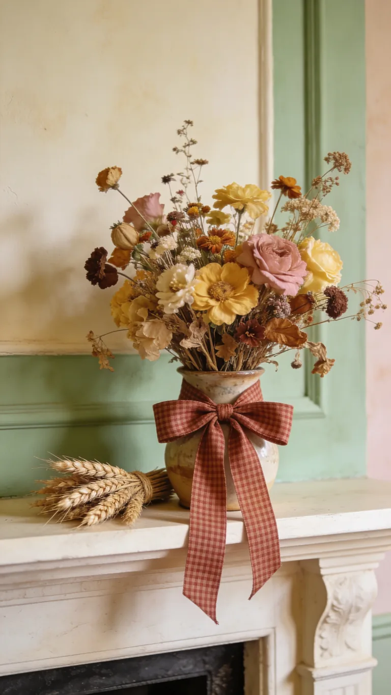 Tie on Gingham Ribbon - cottagecore fall mantel decor idea