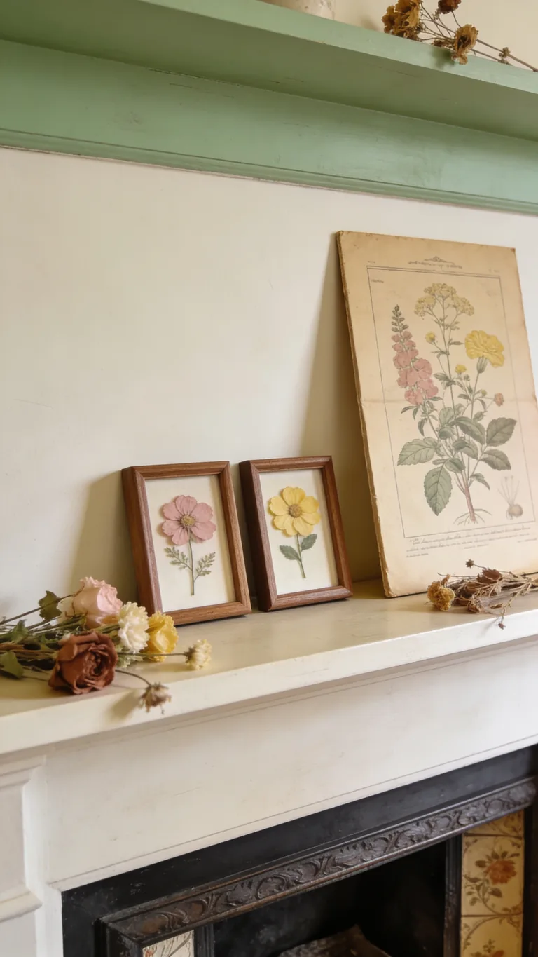 Display Pressed Flowers or Botanicals - cottagecore fall mantel decor idea