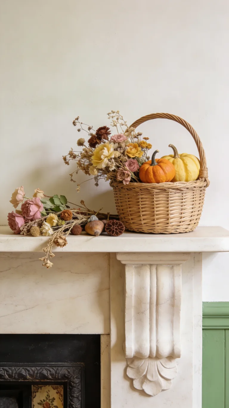 Add a Woven Basket - cottagecore fall mantel decor idea