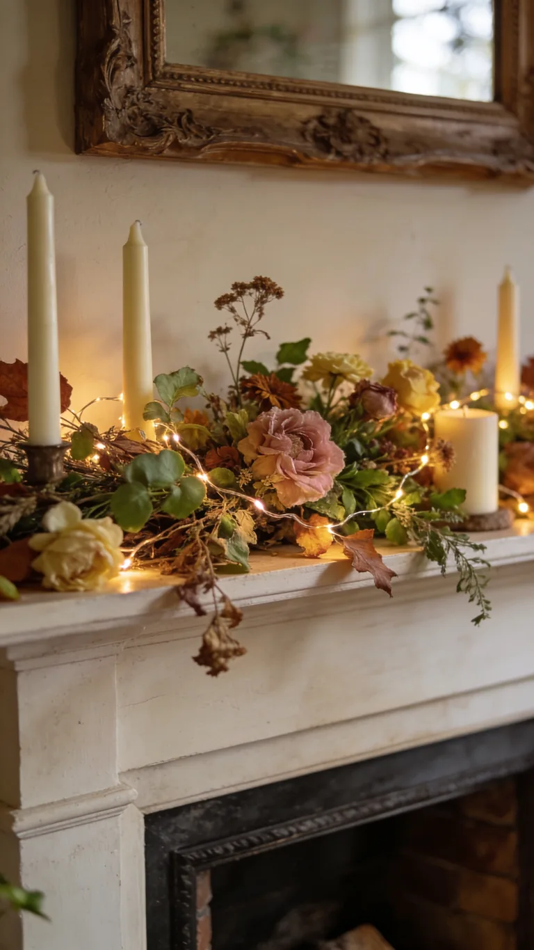 Bring in Fairy Lights or Candles - cottagecore fall mantel decor idea