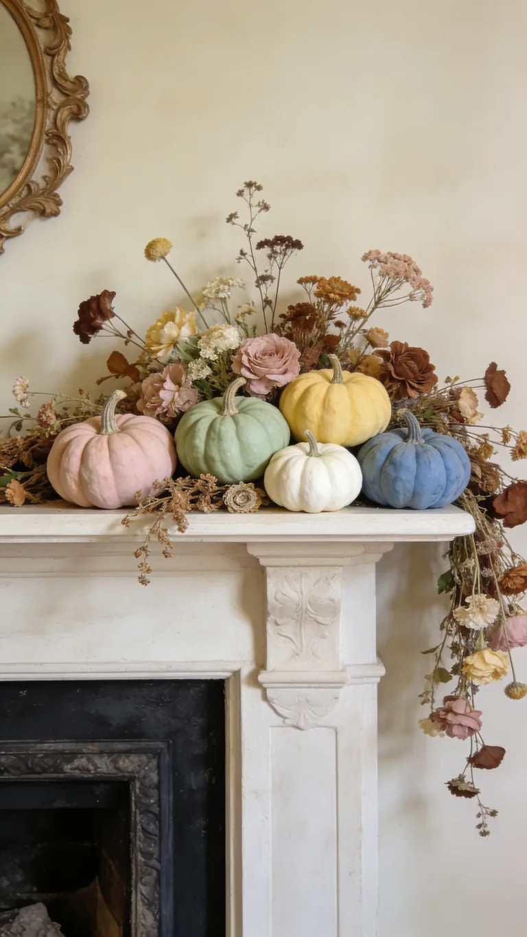Use Soft Pastel Pumpkins - cottagecore fall mantel decor idea
