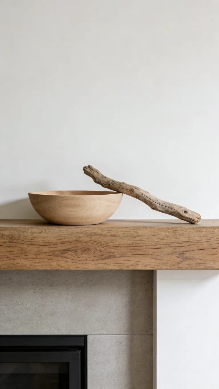 Add Warmth With Natural Wood - minimalist fall mantel decor idea