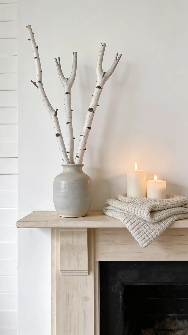 Add Pale Birch Branches - scandinavian fall mantel decor idea
