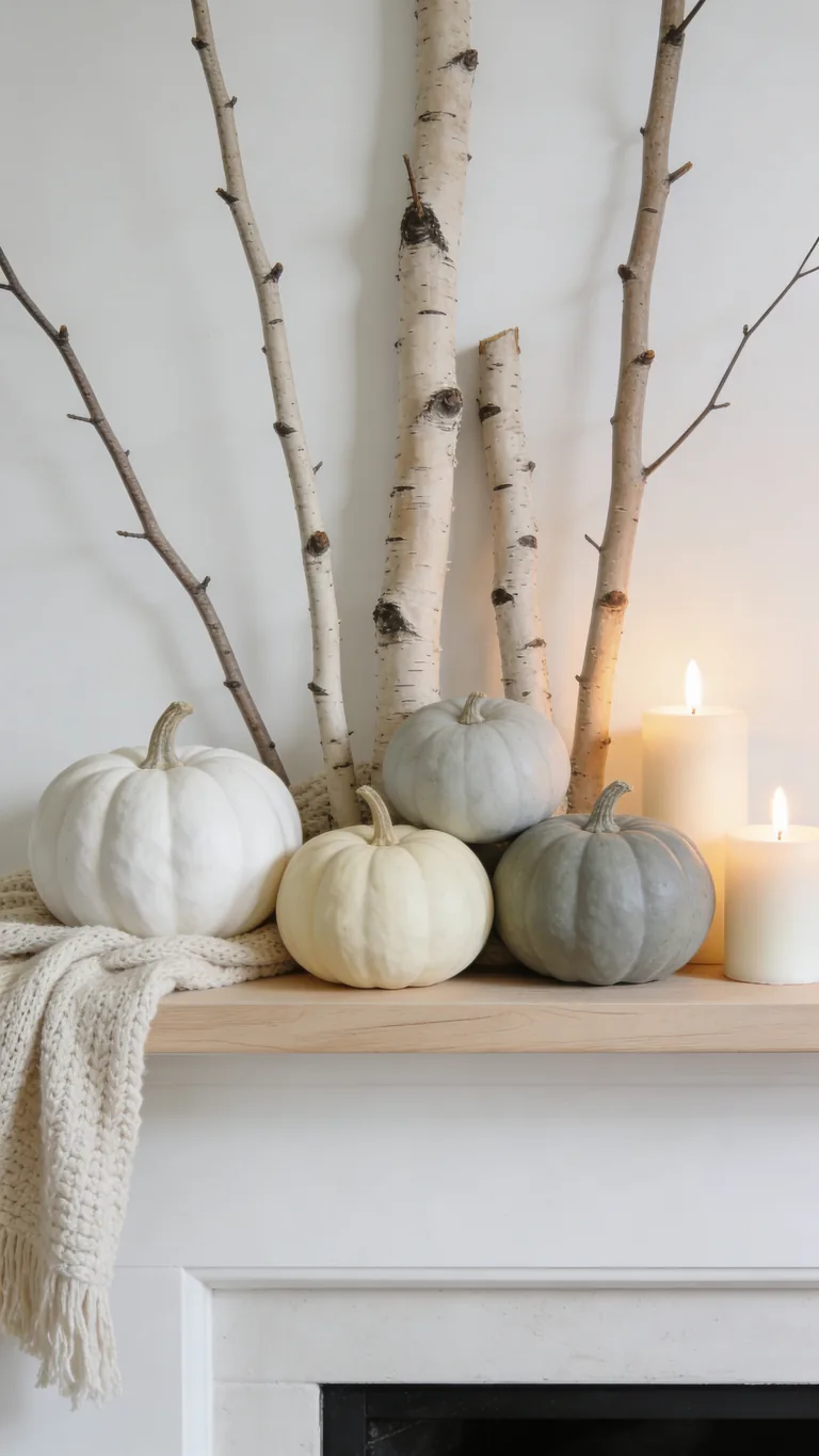 Choose Pale, Muted Pumpkins - scandinavian fall mantel decor idea